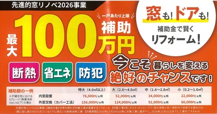 補助金 最大100万円！　窓のリフォームで住まいを快適に！家計もお得に！